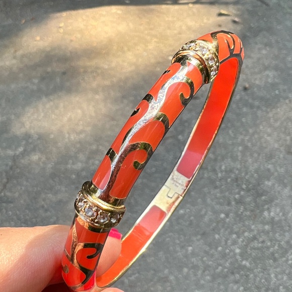 ANGELIQUE DE PARIS GILDED 925 STERLING SILVER ORANGE CORAL RESIN BANGLE BRACELET - Picture 1 of 16
